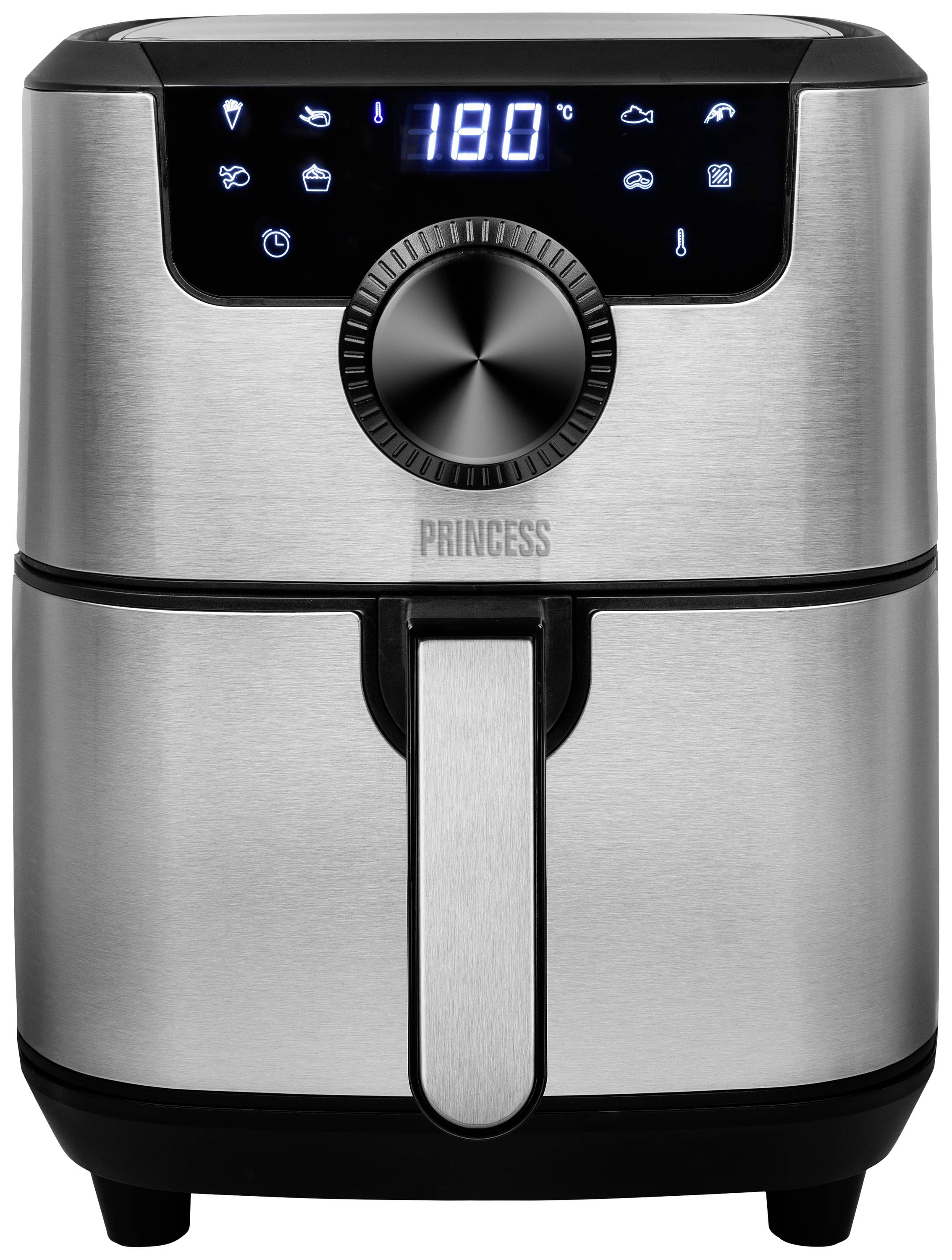 Friggitrice ad aria in acciaio inox con display digitale e comandi, che mostra una temperatura di 180 gradi Celsius.