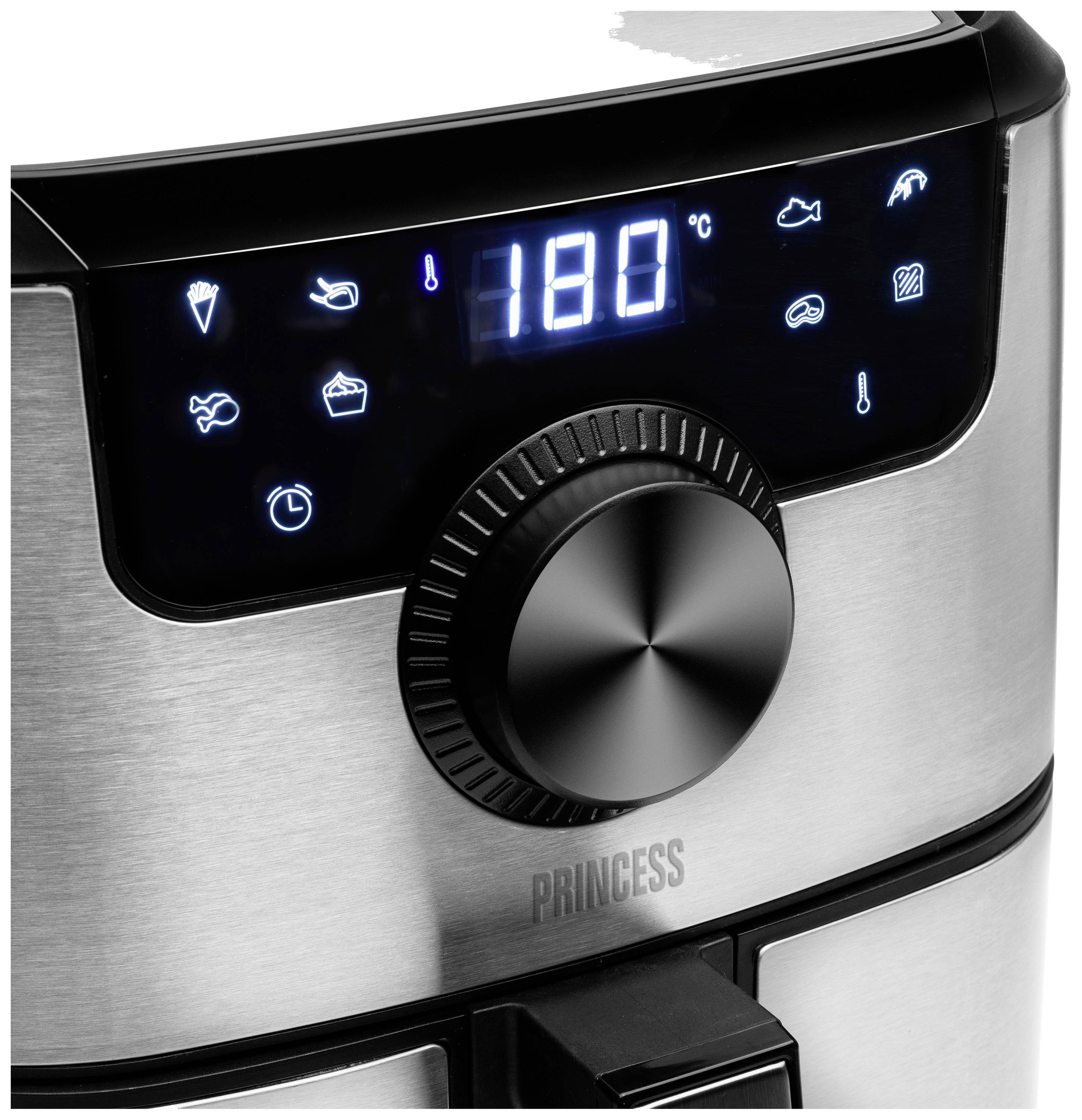 Schermo digitale di una friggitrice ad aria con display della temperatura a 180 gradi Celsius e simboli per diverse opzioni alimentari.