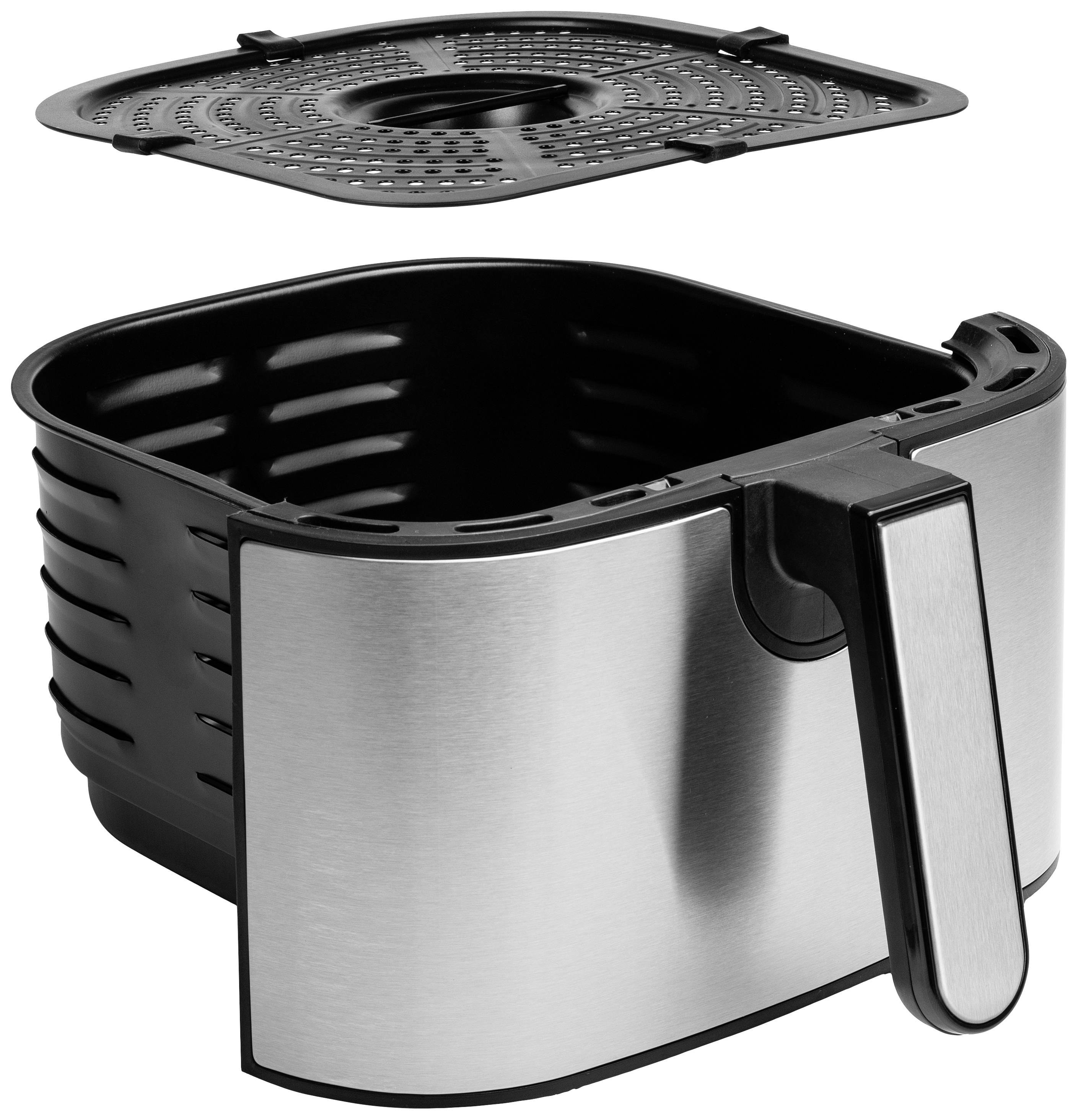 Una friggitrice ad aria calda in argento con cestello estraibile e coperchio rimovibile, adatta alla frittura di alimenti a basso contenuto di grassi.