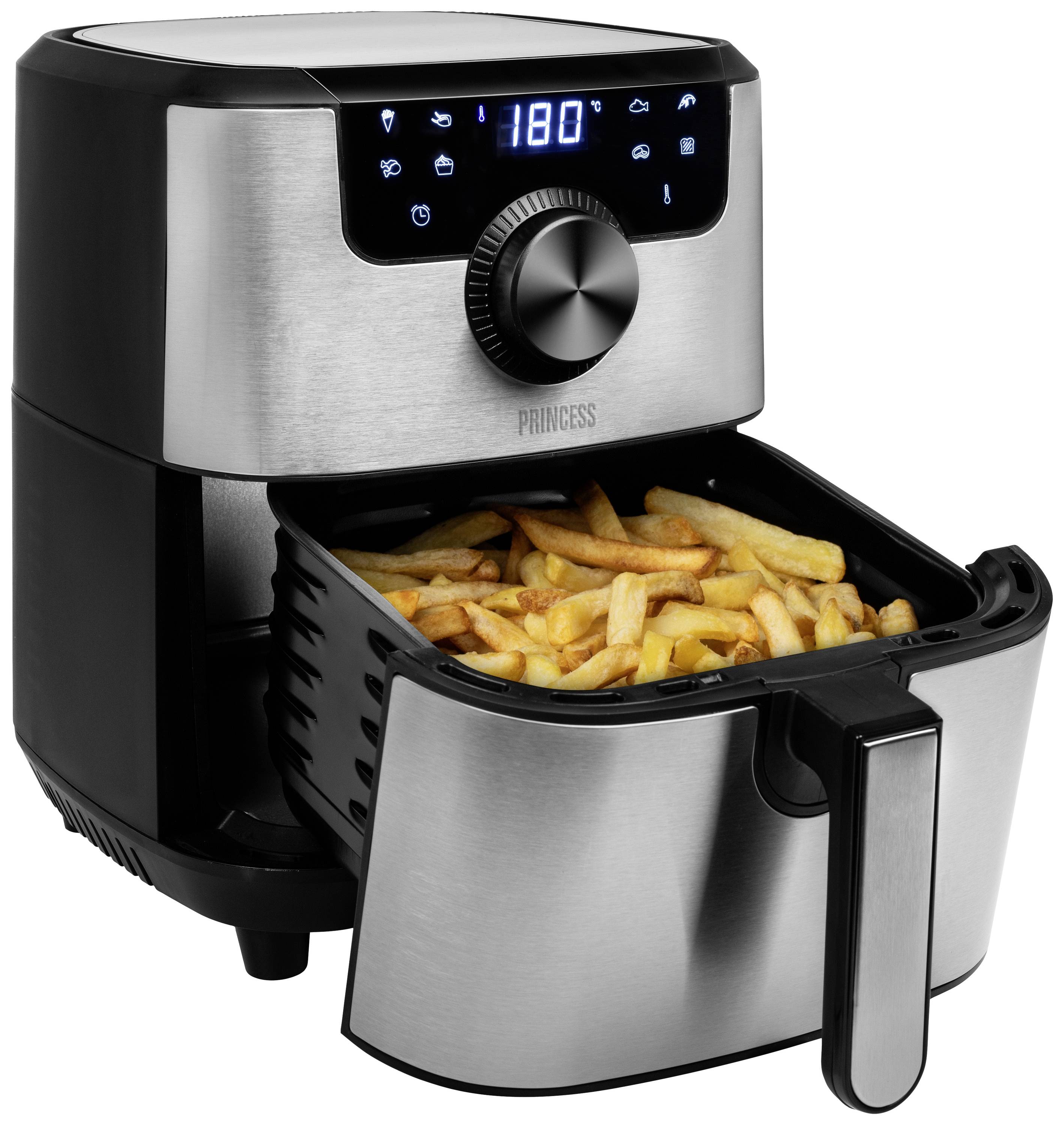 Una friggitrice ad aria con cassetto aperto, riempito di patatine fritte. Il display digitale indica '180°'. Modello con finitura in acciaio inox.