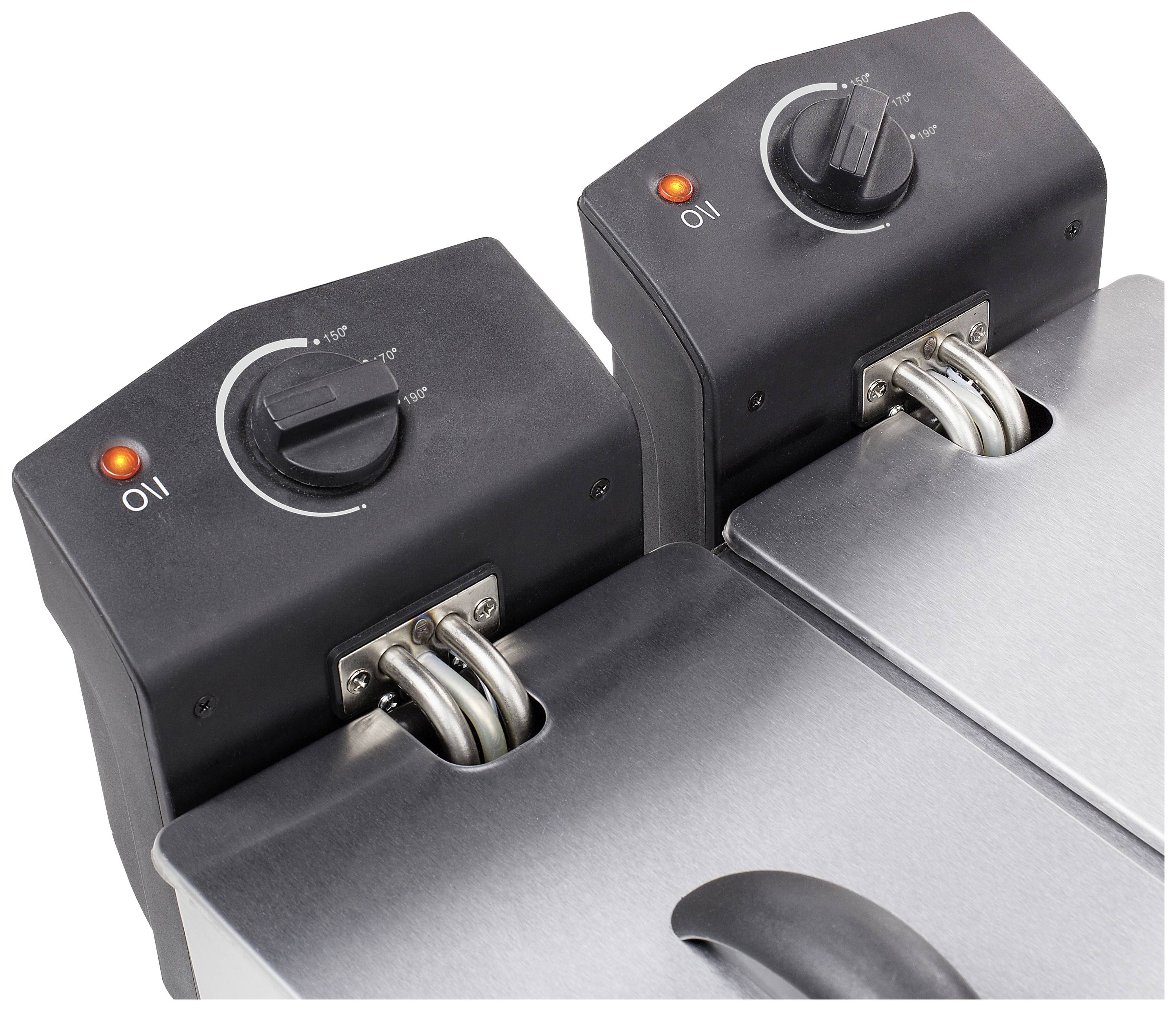 Due friggitrice con regolatori di temperatura e spie luminose montate su involucri in acciaio inossidabile.