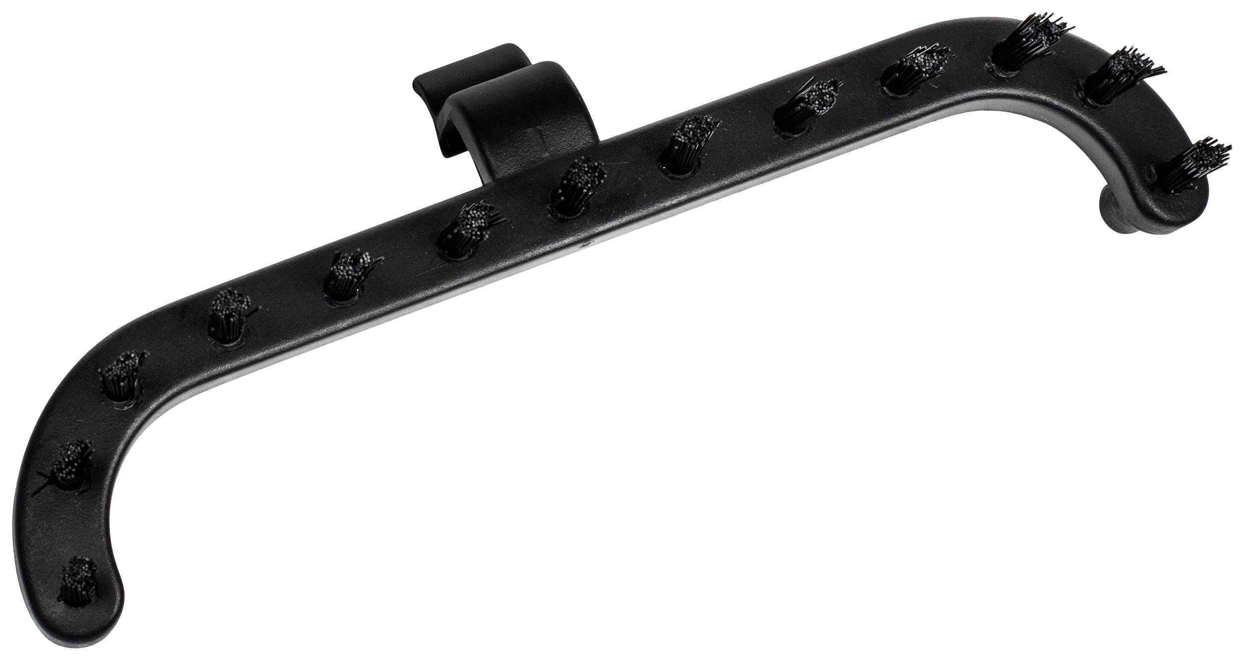 Un pezzo di ricambio nero con diverse setole, dalla forma bombata, presumibilmente un accessorio per un dispositivo di pulizia.