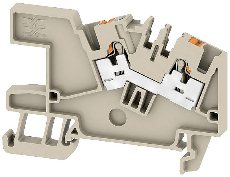 Sezione trasversale di una morsettiera beige con guide per cavi e contatti a molla, applicazione tipica nel cablaggio elettrico.