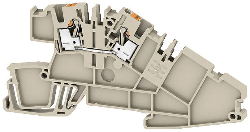Involucro grigio per connettore industriale con molteplici canali interni per cablaggio e marcature arancioni a supporto del montaggio.
