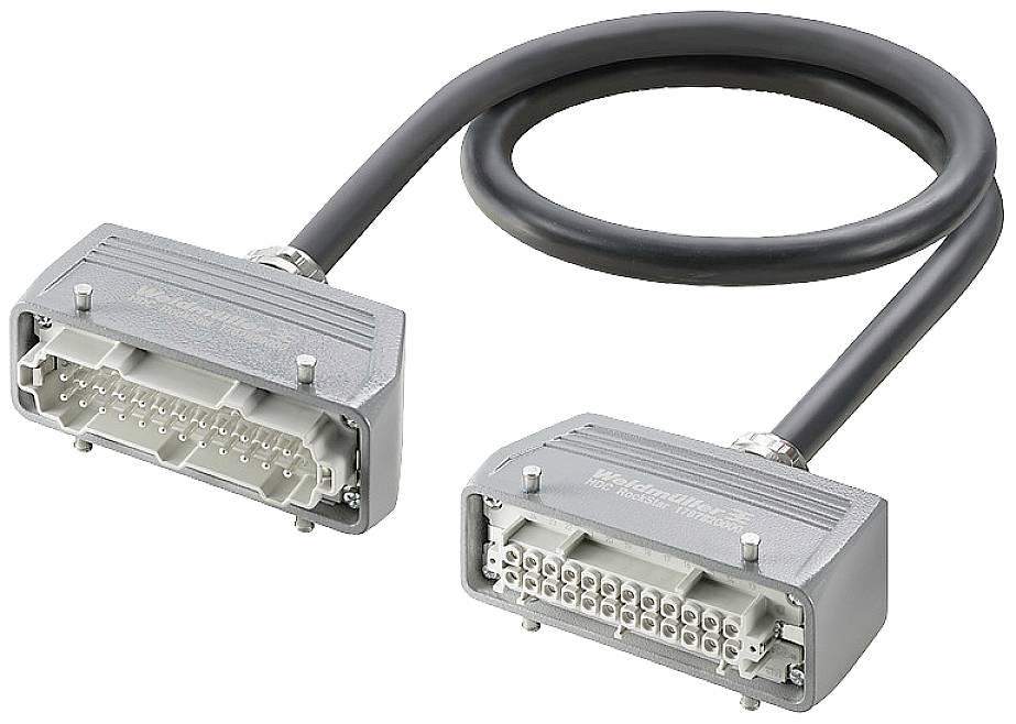 Un cavo grigio industriale con due connettori rettangolari su ciascuna estremità, idoneo per connessioni elettriche.