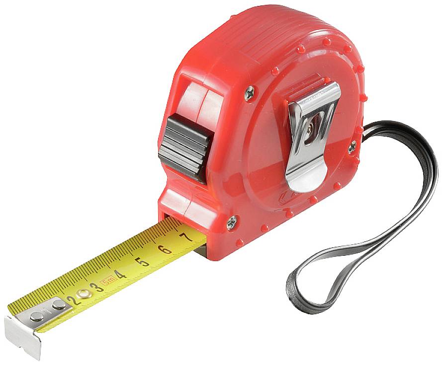 Nastro metrico rosso con scala gialla estesa che va da 2 a 7 centimetri.