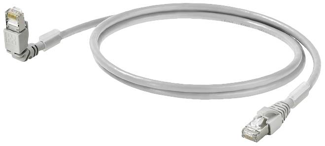 Un cavo Ethernet grigio con due connettori RJ45, utilizzato per collegare dispositivi di rete.