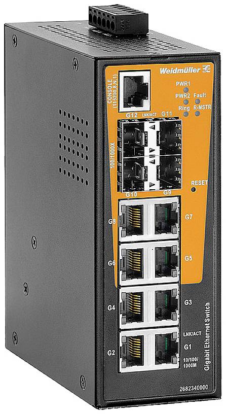Un interruttore Ethernet industriale di Weidmüller con più porte Ethernet e indicatori LED, adatto per connessioni di rete.