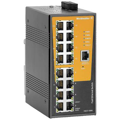 Un switch Ethernet nero con 16 porte, con una piastra frontale arancione e indicatori LED per informazioni di stato ed errori, prodotto da Weidmüller.