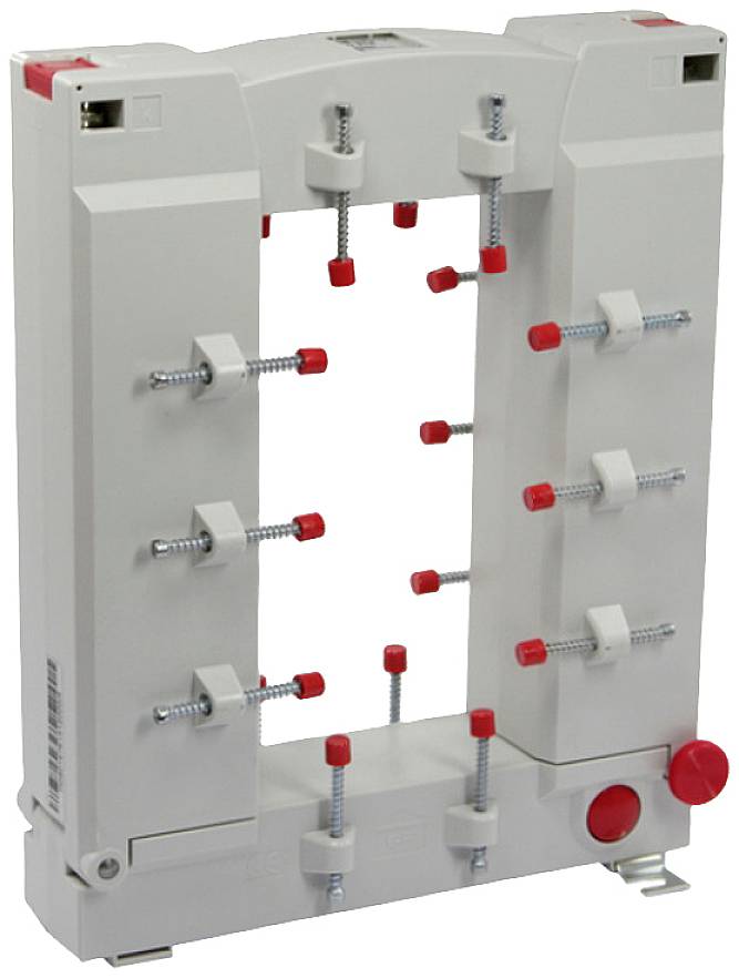 Un trasformatore rettangolare con diversi fissaggi a vite e cappucci rossi, idoneo per applicazioni elettriche e strumenti di misurazione.