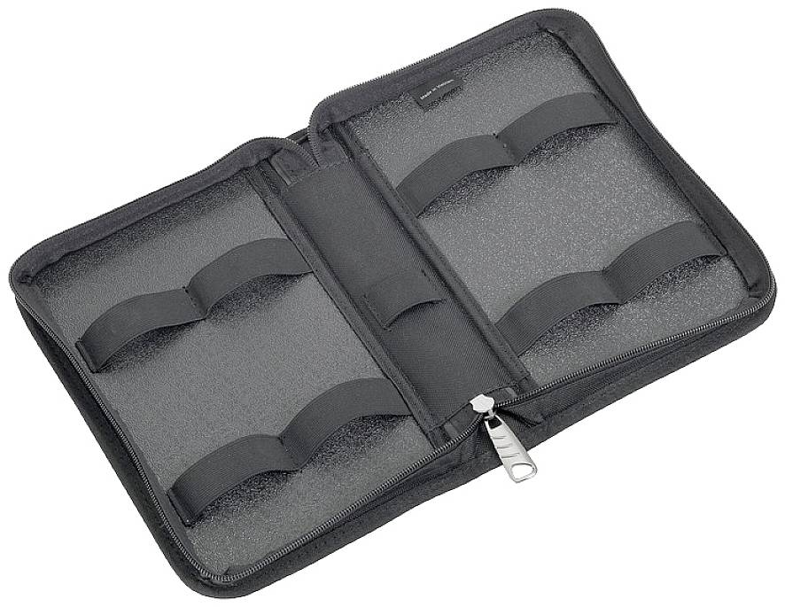 Borsa nera chiusa con cerniera, aperta e dotata di laccetti flessibili per la conservazione di utensili o accessori.