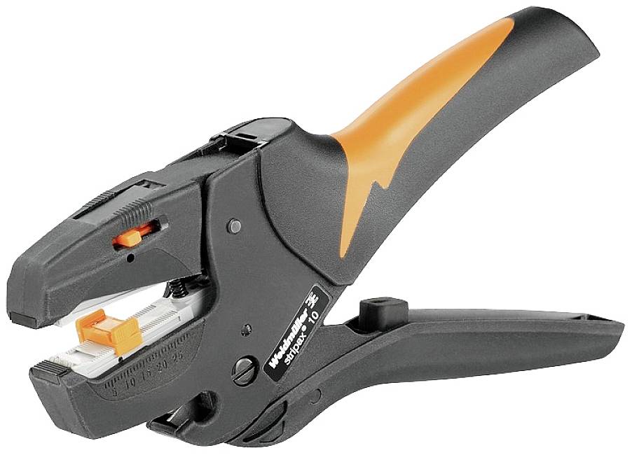 Pinza spelacavi con impugnatura ergonomica, colore nero-arancione. Adatta per la spellatura precisa di cavi di diversi diametri.