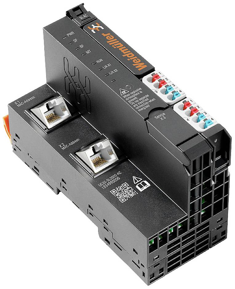 Switch Ethernet industriali Weidmüller con molteplici porte e morsetti codificati a colori, adatti per applicazioni di rete industriali.
