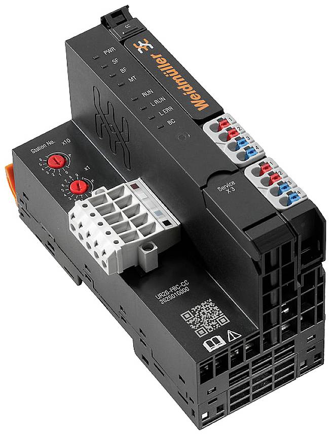 Un modulo logico nero Weidmüller con connettori e comandi, utilizzato per l'automazione e il controllo di sistemi elettrici.