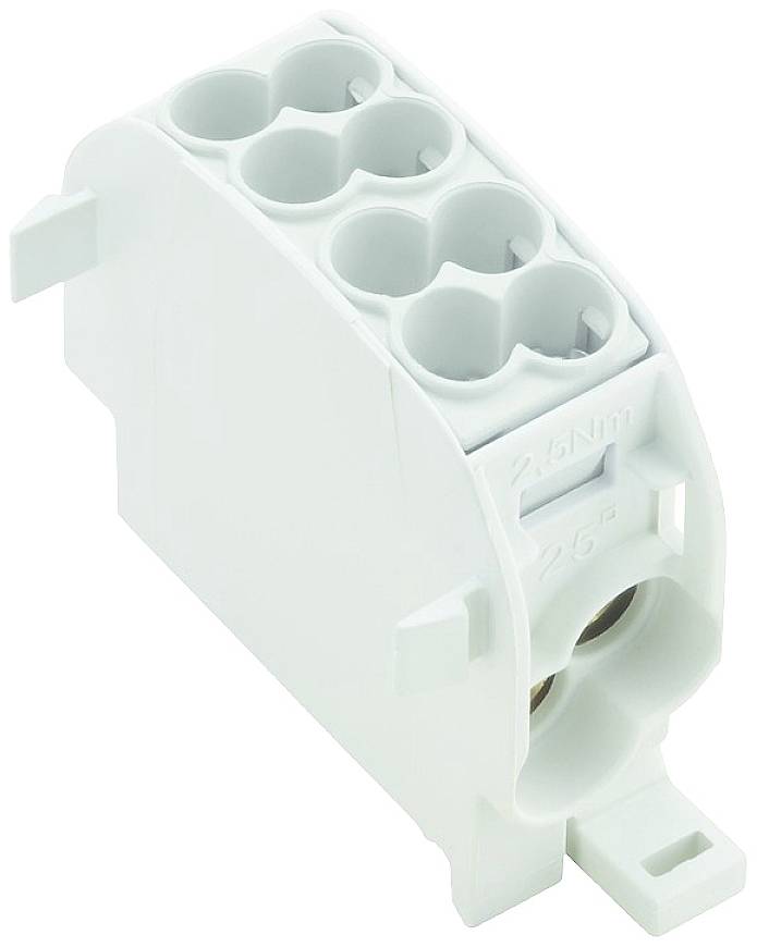 Un connettore elettrico bianco con cinque alloggiamenti circolari e connessioni a vite, contrassegnato con '2,5 mm²' e '2.5 Nm'.