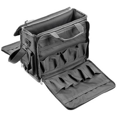 Borsa degli attrezzi nera, aperta, con diversi scomparti e tasche per riporre gli utensili.