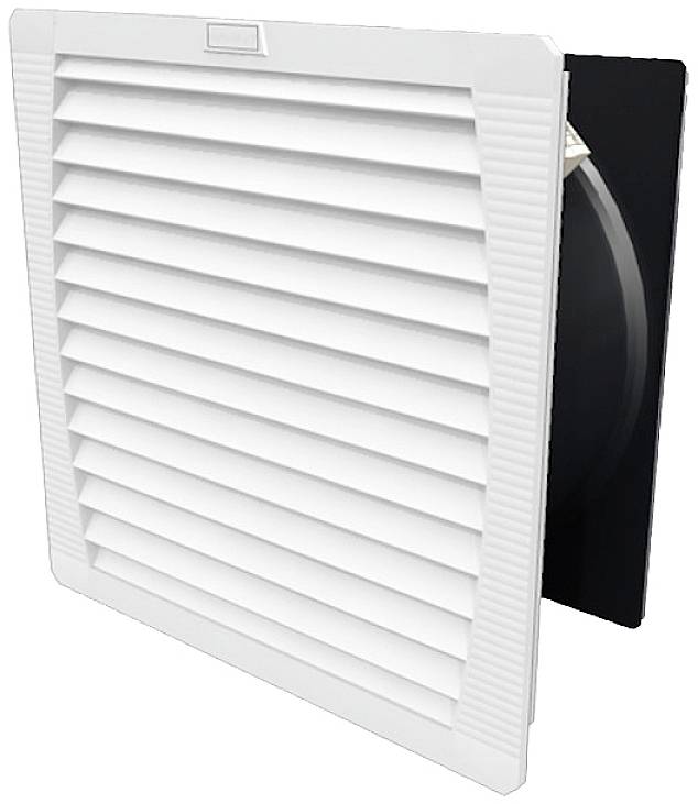 Copertura di ventilazione bianca con lamelle orizzontali, parzialmente aperta.