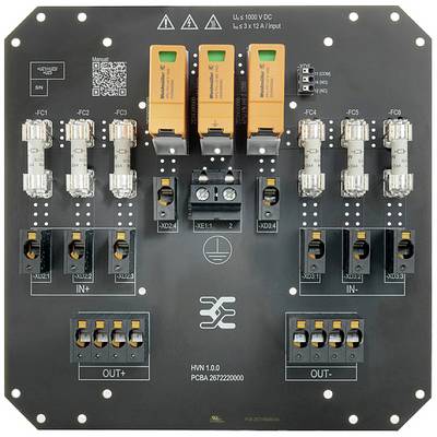 Circuito elettronico con vari fusibili, connettori e un'area di controllo centrale. Idoneo per sistemi a 1000 V DC.
