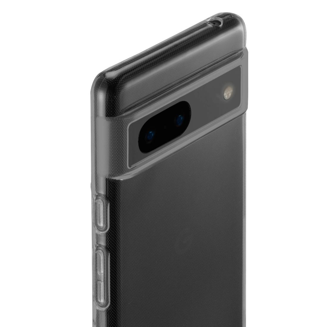 Una cover nera per smartphone con protezione per la fotocamera, applicata su uno smartphone. Ha tagli precisi per i tasti e la fotocamera.