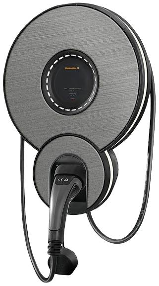 Un caricabatterie per veicoli elettrici con design circolare e avvolgimento del cavo.