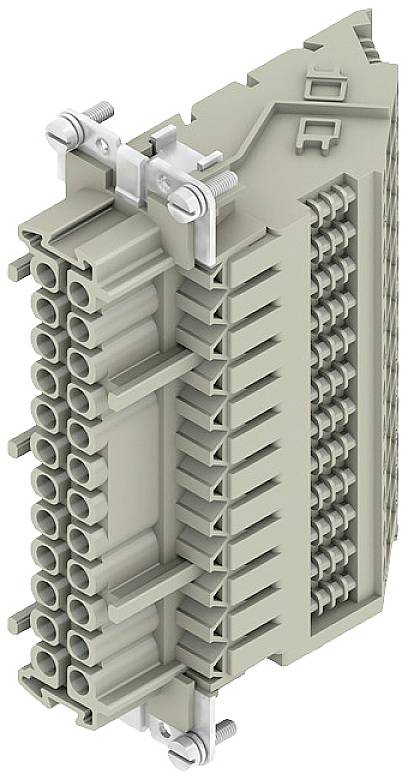 Un connettore elettrico grigio-beige con più pin e viti di fissaggio, vista laterale. Adatto per applicazioni industriali.