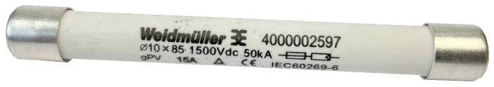 Fusibile elettrico con la scritta 'Weidmüller', numero modello '4000002597', progettato per 1500V in corrente continua e 15A.