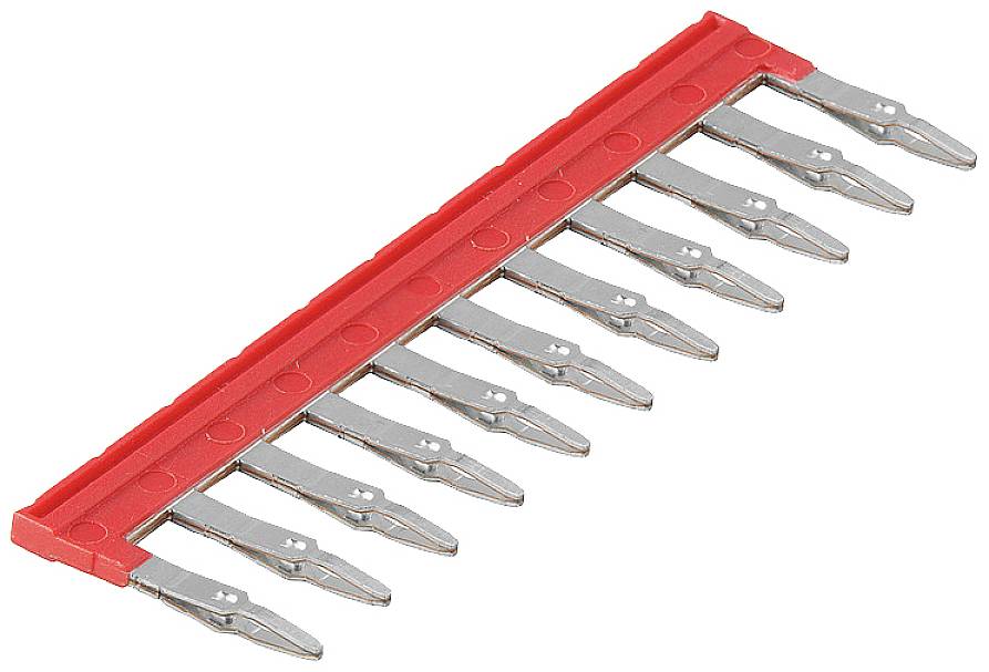 Blocco collettore grigio con dieci terminali metallici incorporati in una barra di plastica rossa.