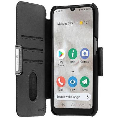 Smartphone in una custodia protettiva con sportello aperto, mostra schermata iniziale con data 'Lunedì, 3 dic' e temperatura '10°C'.