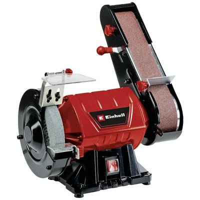 Smerigliatrice doppia 'Einhell' in rosso e nero, con disco abrasivo a sinistra e nastro abrasivo a destra, adatta per lavori fai-da-te.