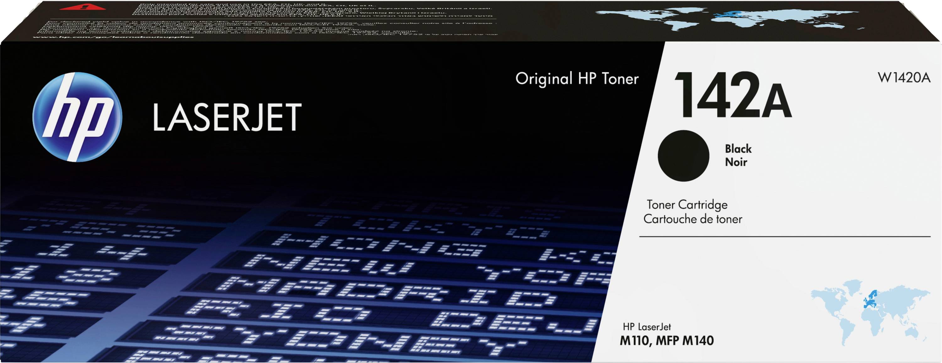 Cartuccia toner HP 142A per stampante laser. Colore nero. La confezione riporta il nome del prodotto e i modelli compatibili.