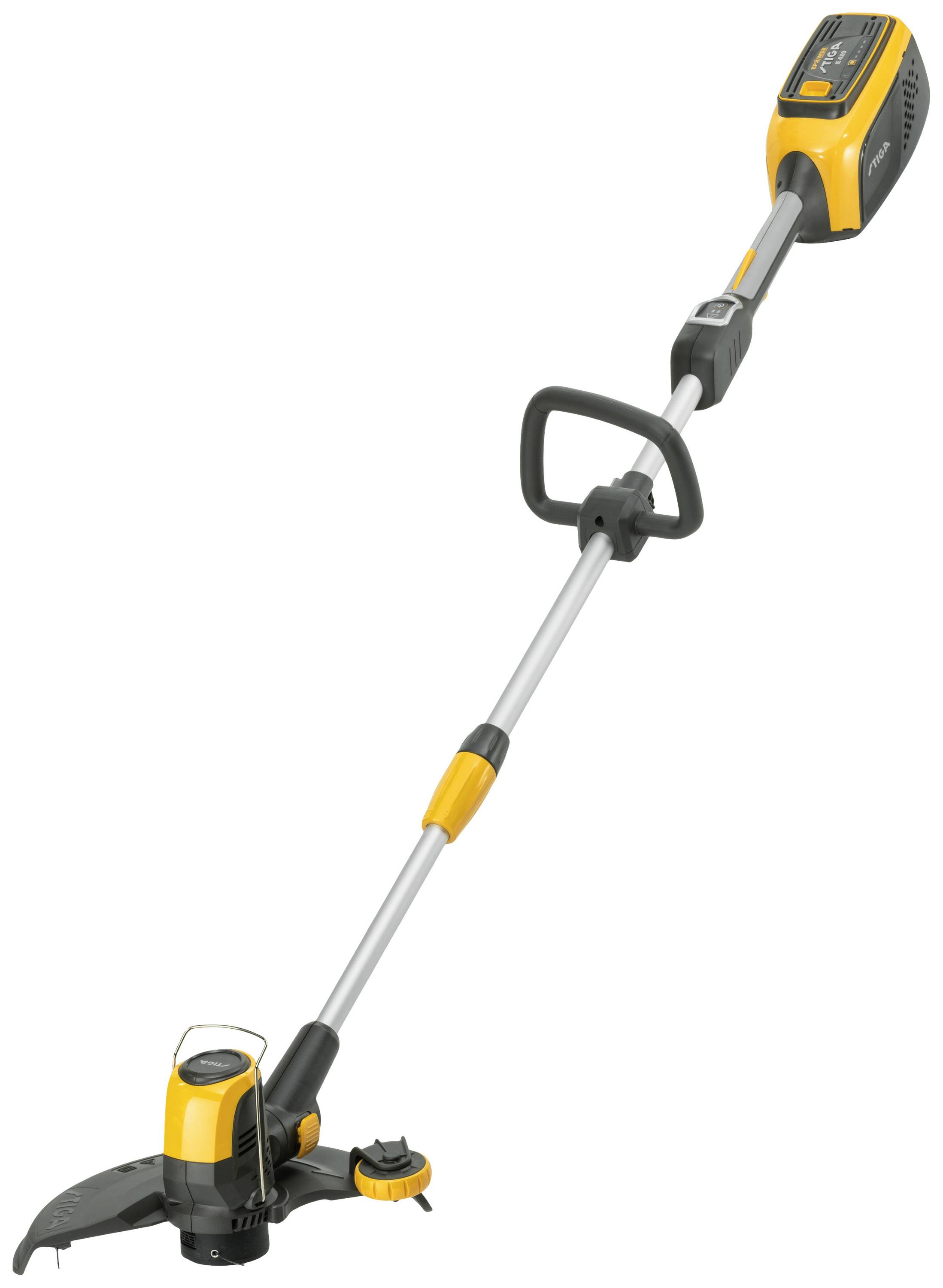 Tagliabordi a batteria con design giallo e nero, impugnatura telescopica e testina di taglio, adatto per lavori di manutenzione del prato.