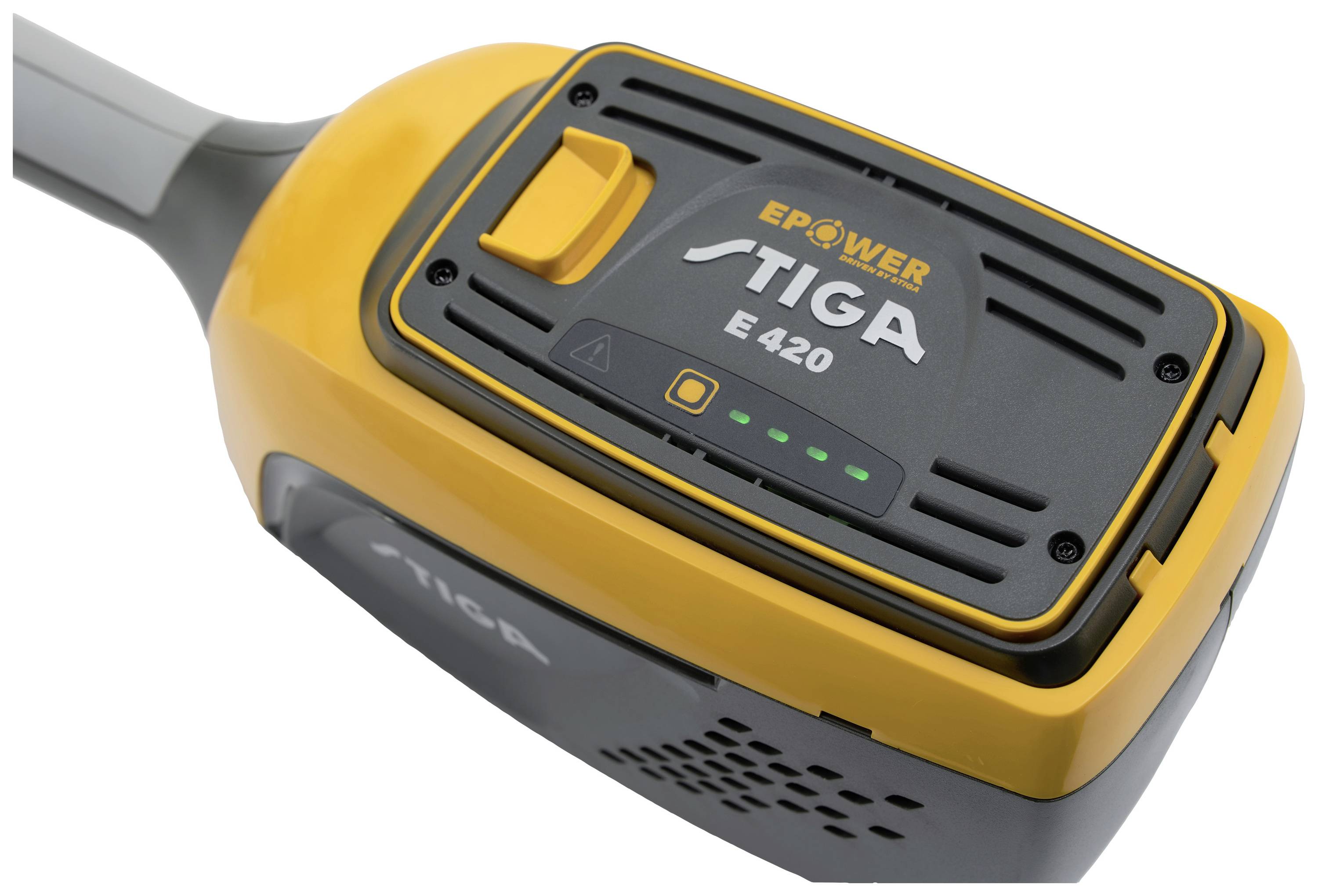 Batteria per tosaerba. Etichetta 'STIGA E 420'. Mostra lo stato di carica con LED verdi.