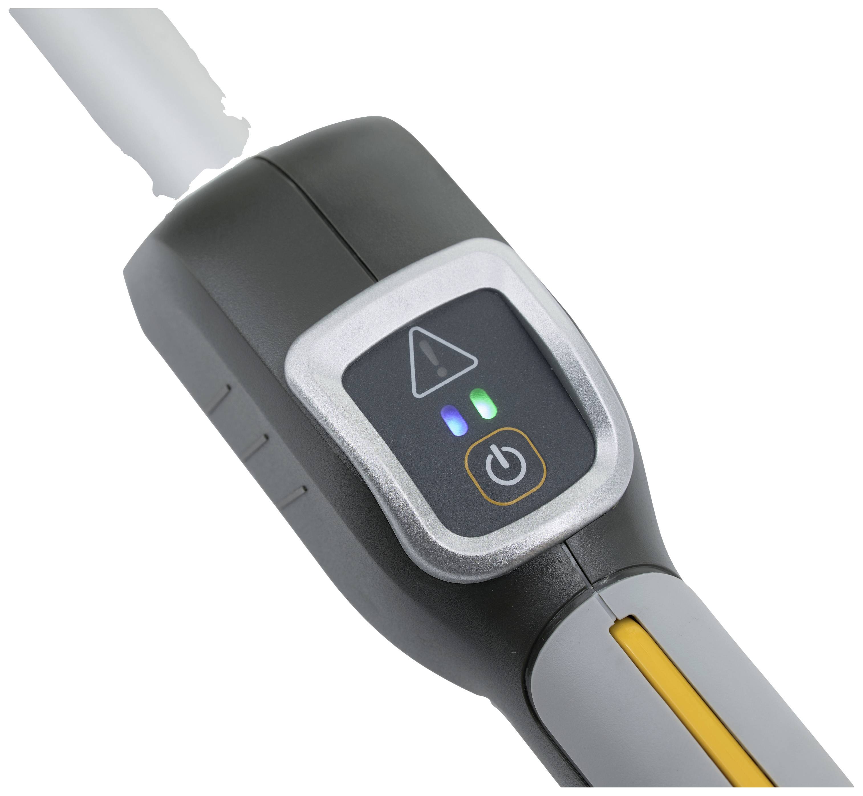 Un dispositivo elettrico con un pannello di controllo: mostra tre simboli, tra cui un triangolo con punto esclamativo, un segnale blu e un tasto di accensione/spegnimento.