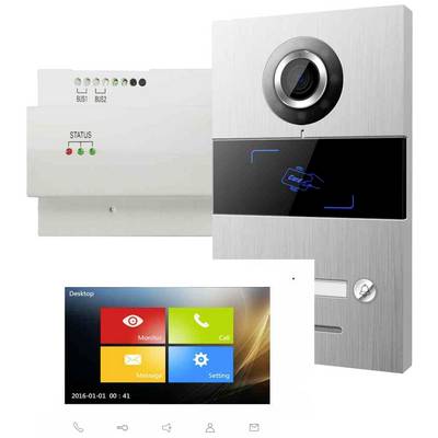 Set videocitofonico con telecamera, monitor e controller. L'impianto consente la videosorveglianza e la comunicazione audio-video.