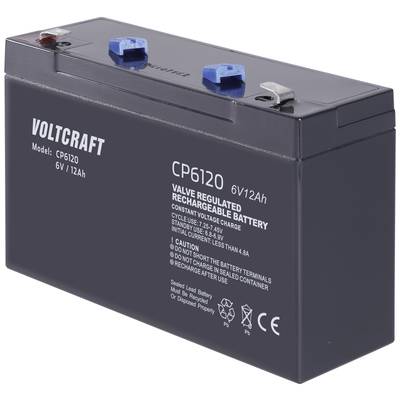 Batteria ricaricabile a tenuta (VRLA) 'Voltcraft CP6120', 6V/12Ah, con morsetti blu e rossi sulla parte superiore.