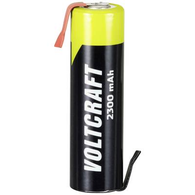 Batterie AA Voltcraft da 2300 mAh con design nero e giallo, contatti superiori e inferiori visibili.