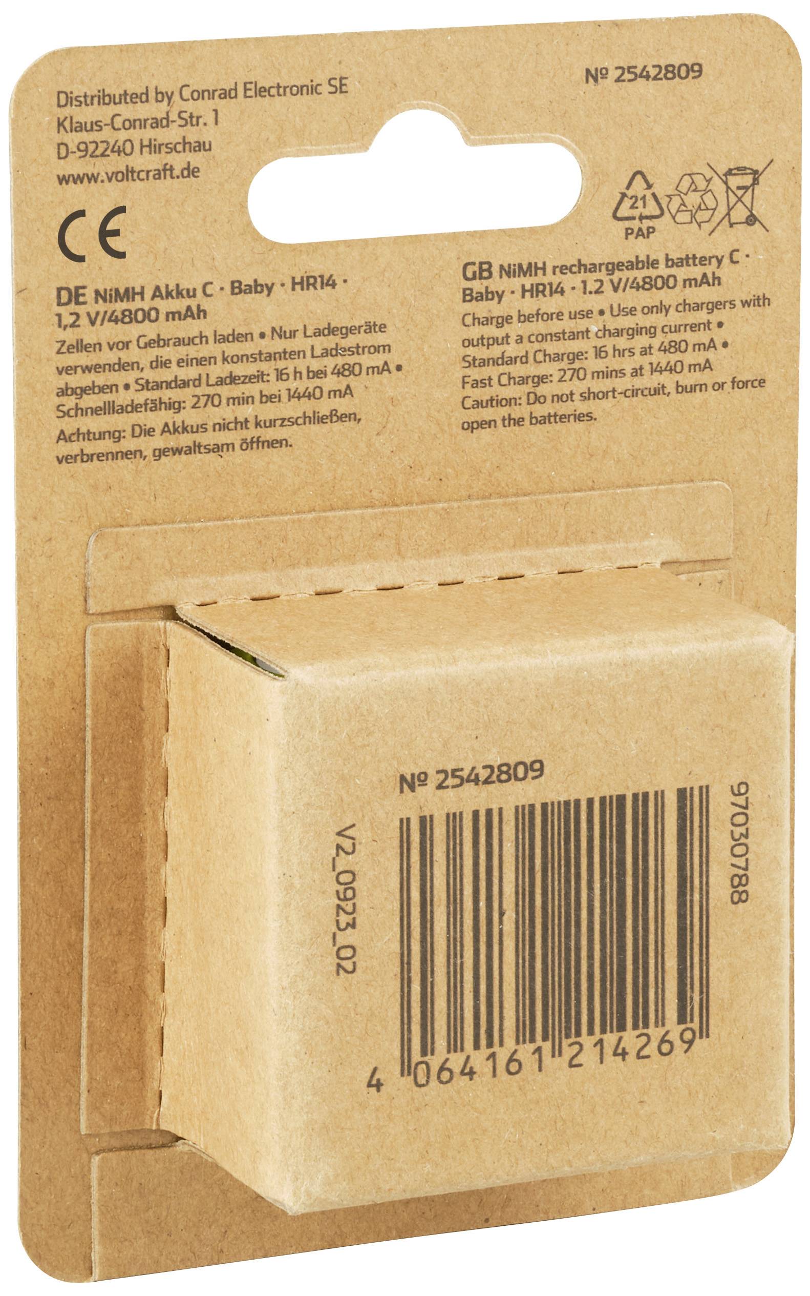 Confezione in cartone di una batteria ricaricabile di Conrad Electronic SE in formato C (Baby) da 1,2V e 4800mAh, vista posteriore con codice a barre.