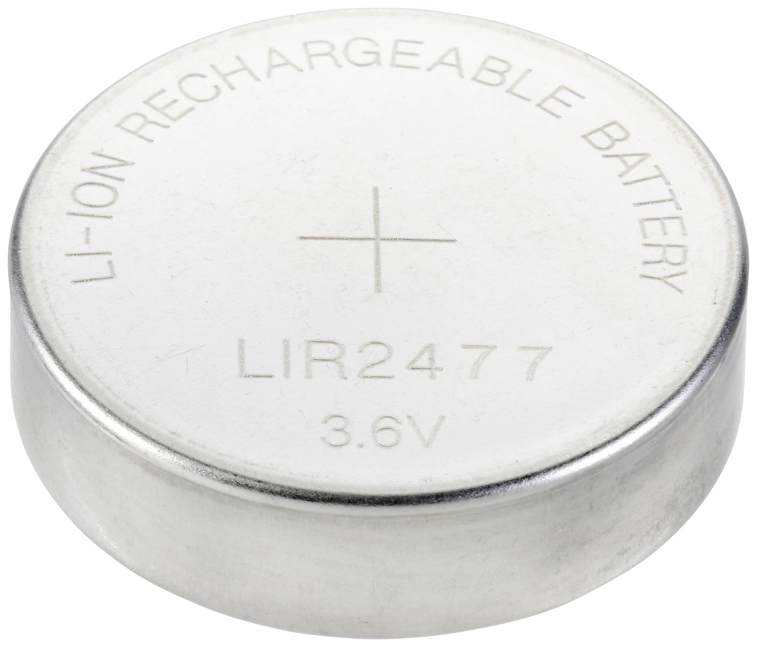 Bottone rotondo in celle al litio-ione argentato con l'iscrizione 'LI-ION RECHARGEABLE BATTERY LIR2477 3.6V'.