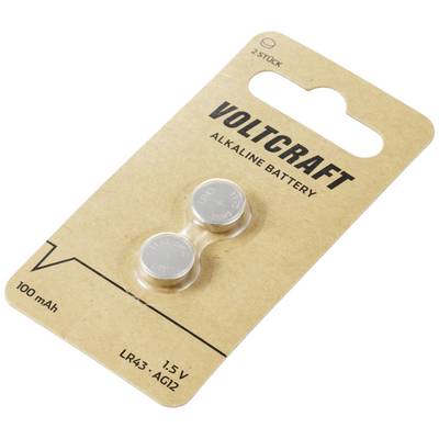 Due celle bottone in ossido d'argento 'LR43' su scheda di cartone, 1,5V, marca 'Voltcraft', 100mAh, per dispositivi elettronici.