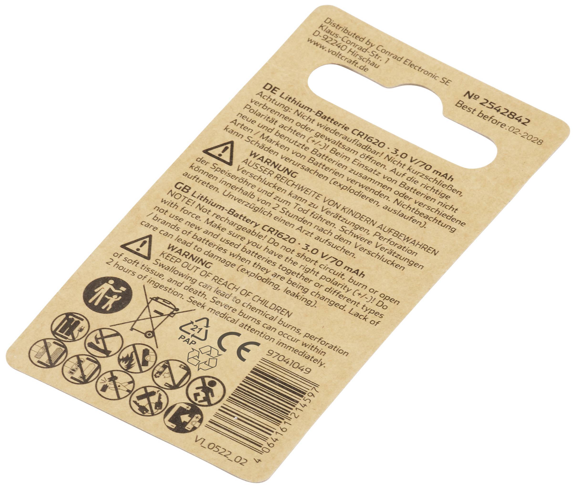 Retro di un imballaggio di batterie con avvertenze in più lingue, numero, codice a barre e data di scadenza: 02-2028.