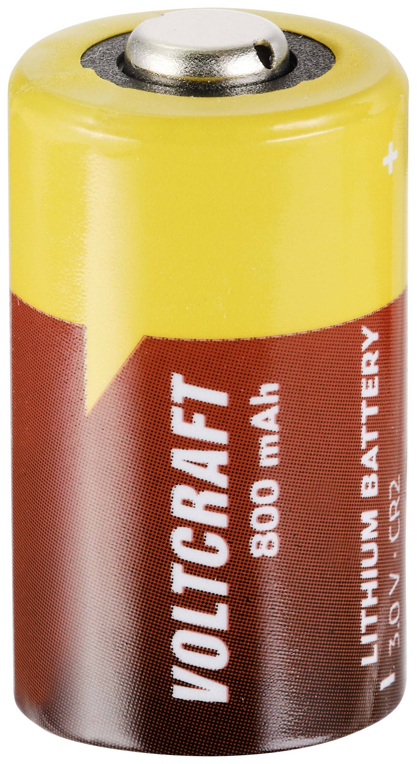 Batteria al litio 3V, marca 'Voltcraft', 800 mAh, dimensione CR2, sfumatura giallo-marrone, poli positivo e negativo visibili.