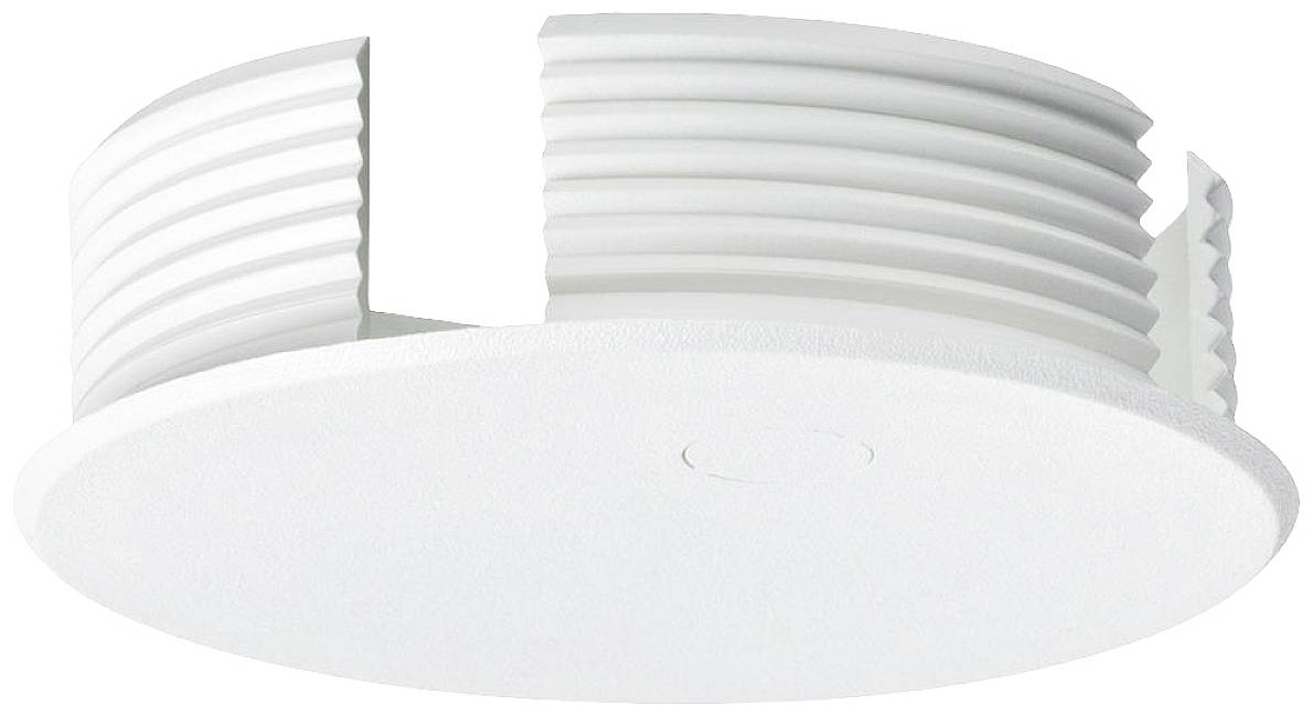 Un rilevatore di fumo rotondo, bianco, con lati scanalati. È progettato per il montaggio a soffitto.