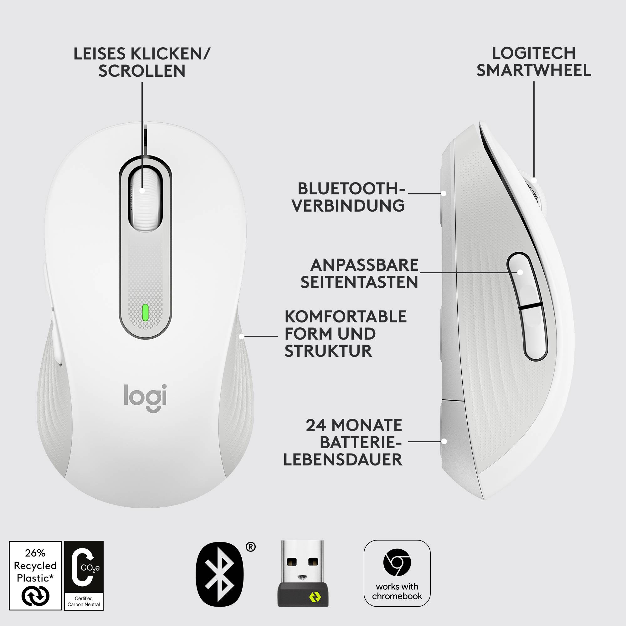'Mouse Logitech con clic/scorrimento silenziosi, connessione Bluetooth, tasti laterali personalizzabili, SmartWheel e durata della batteria di 24 mesi.'