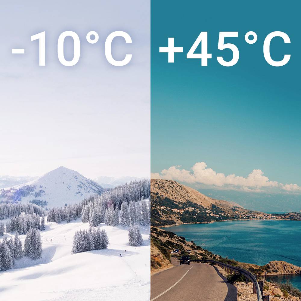 Sinistra: Paesaggio innevato a -10 °C; destra: Paesaggio costiero a +45 °C. Mostra il contrasto di temperatura tra inverno ed estate.