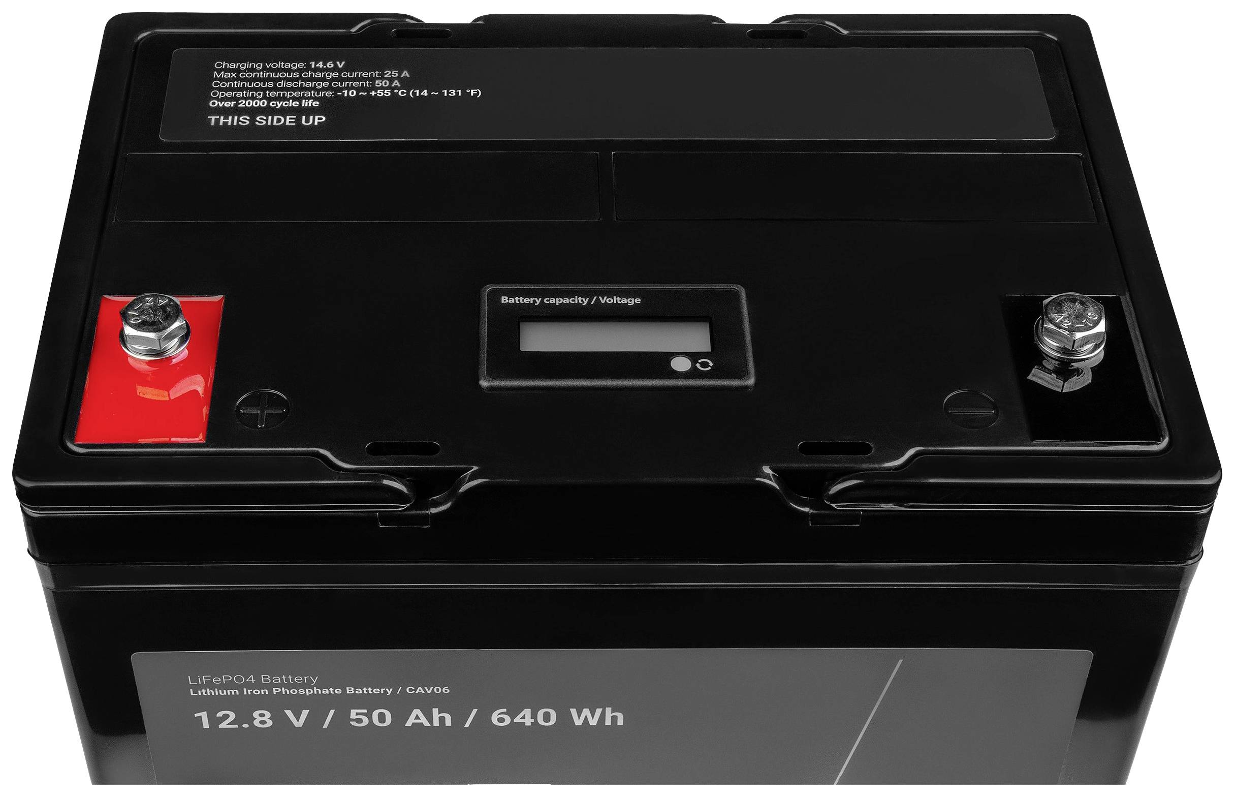 '12,8 V / 50 Ah / 640 Wh' Batteria agli ioni di litio con morsetti di polarità e display. Adatta per svariate applicazioni energetiche.