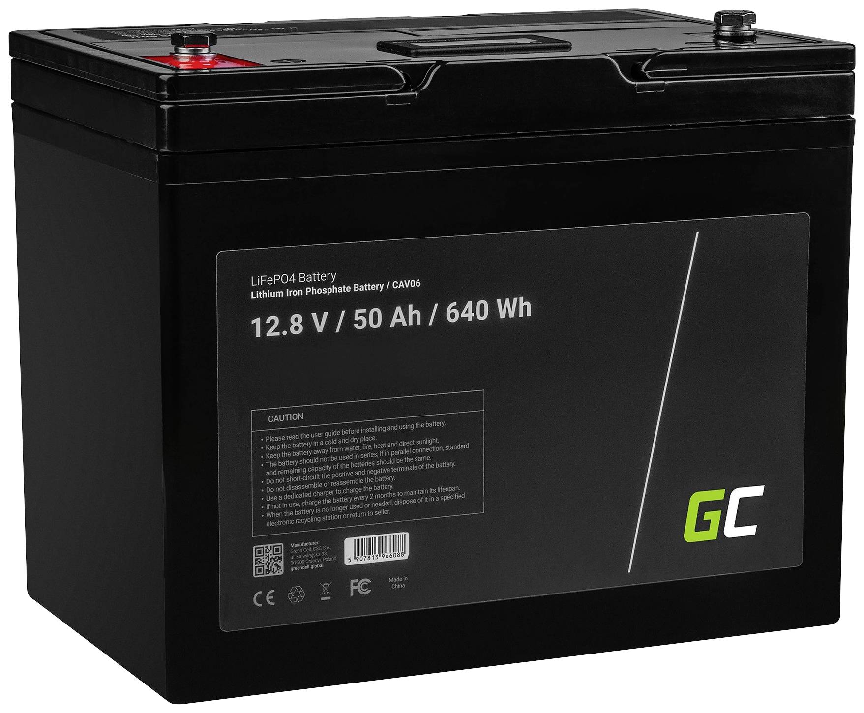 Batteria agli ioni di litio nera, modello 'GC'. Iscrizione riporta: '12,8 V / 50 Ah / 640 Wh'. Contiene avvertenze di sicurezza e specifiche di prestazione.