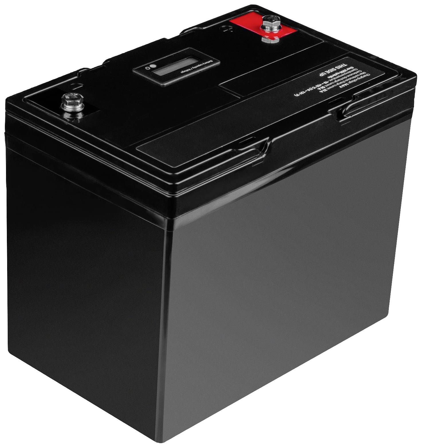 Batteria per auto nera ad alta capacità su sfondo bianco, con poli positivo e negativo visibili in alto.