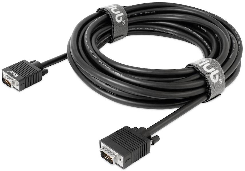 Un cavo VGA nero con due connettori e fascette a strappo per un facile stoccaggio, ideale per connessioni tra computer e monitor.