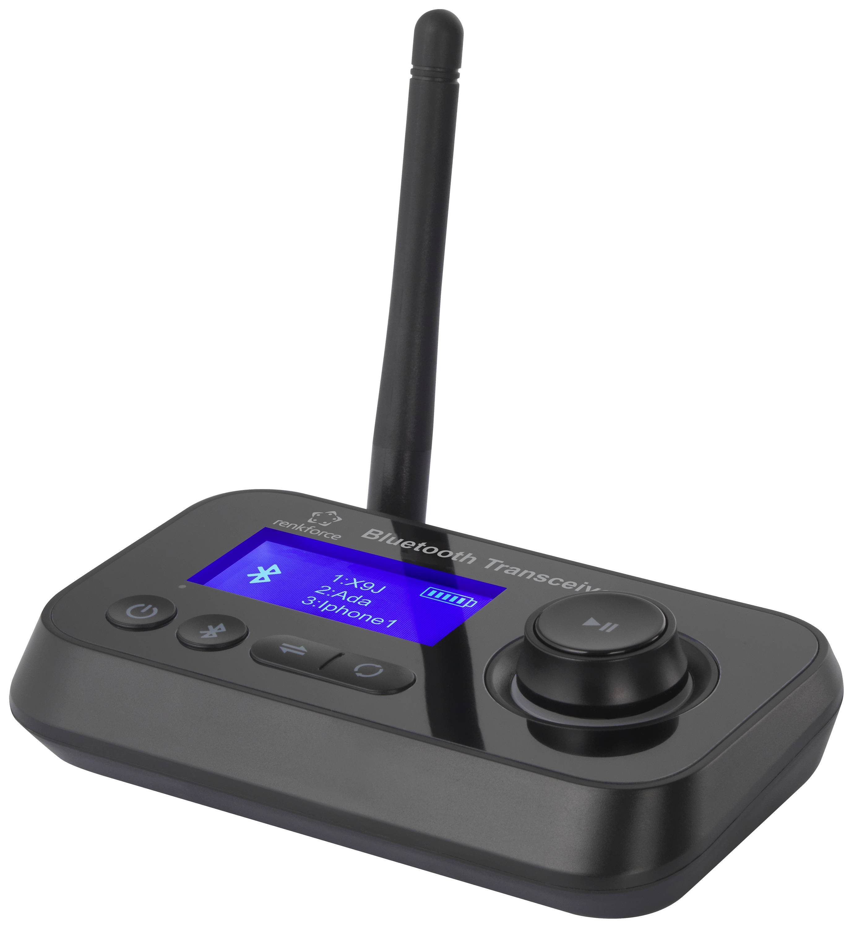 Trasmettitore Bluetooth nero con antenna, display LCD blu, diversi tasti e un potenziometro per le impostazioni audio.