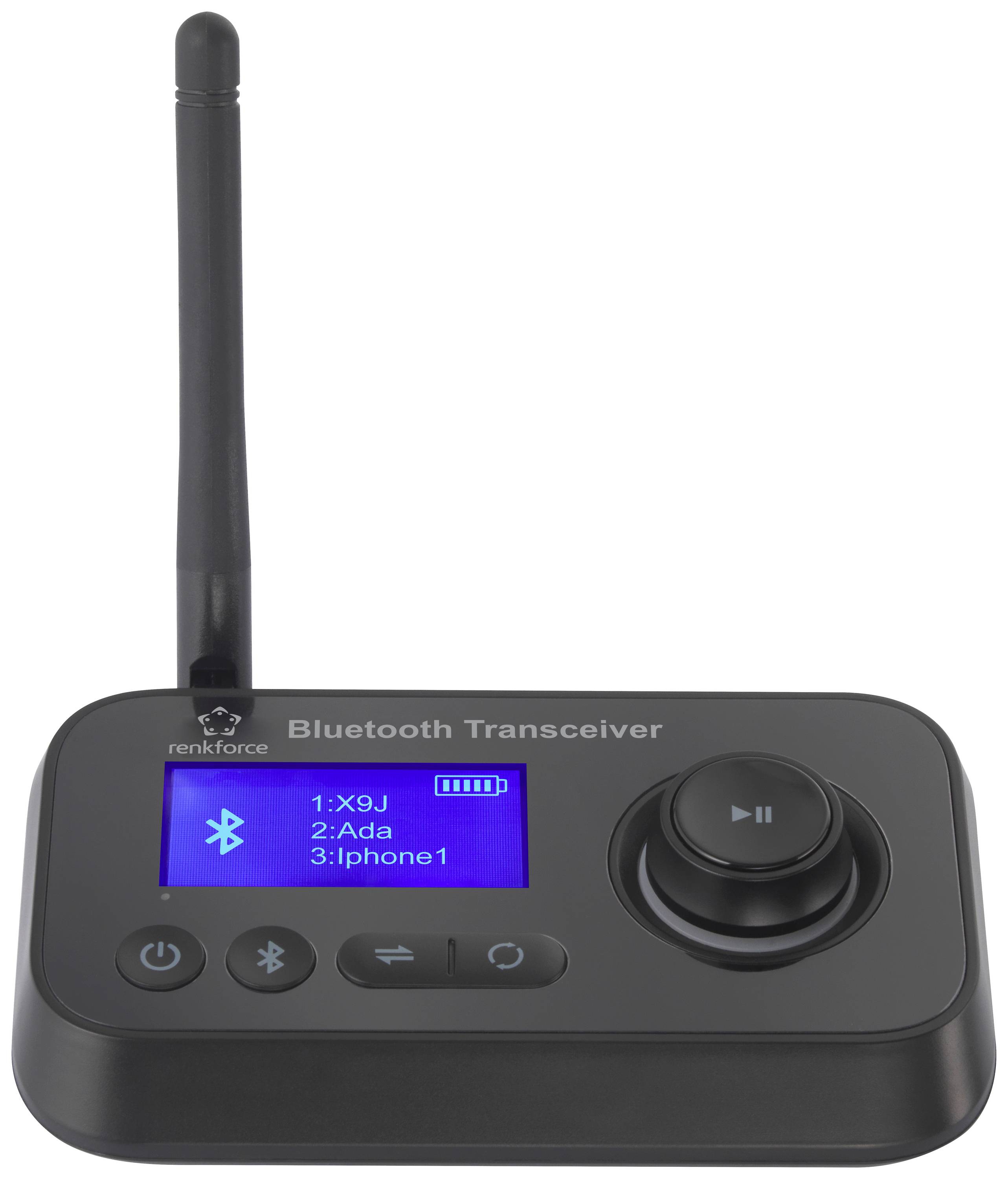 Un trasmettitore Bluetooth con un piccolo schermo mostra tre dispositivi connessi: 1. X9J, 2. Ada, 3. iPhone1. Sono visibili i tasti di controllo.